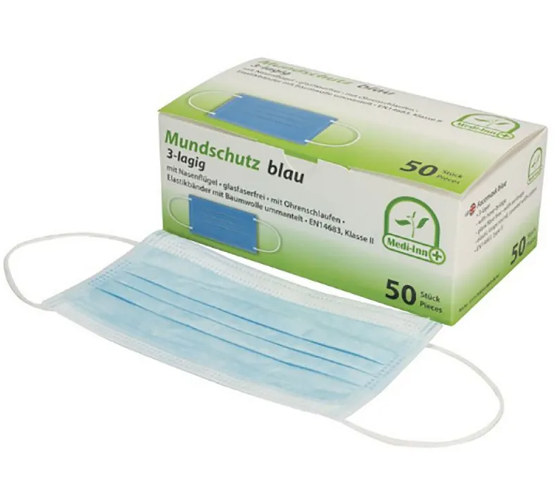  Einmal Mund- und Nasenschutz 3-lagig, hellblau mit Gummibändern und Nasenbügel